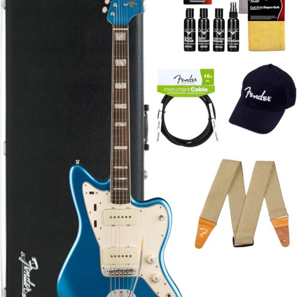 Fender American Vintage II 1966 Jazzmaster - Lake Placid Blue Bundle with Case, Hat, Strap, Cable, and Guitar Cleaning Kit