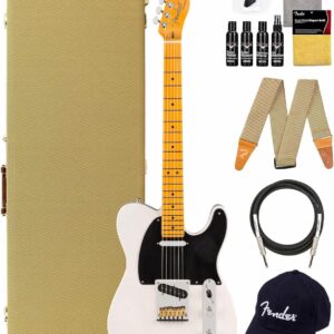 Fender American Ultra Luxe Vintage '50s Telecaster, Maple Fingerboard - White Blonde Bundle with Case, Hat, Strap, Cable, and Guitar Cleaning Kit