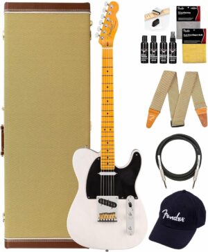 Fender American Ultra Luxe Vintage '50s Telecaster, Maple Fingerboard - White Blonde Bundle with Case, Hat, Strap, Cable, and Guitar Cleaning Kit