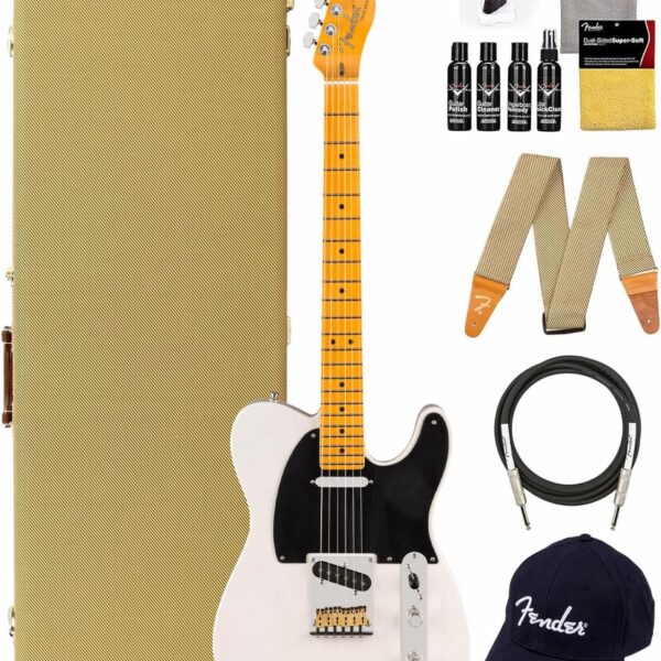 Fender American Ultra Luxe Vintage '50s Telecaster, Maple Fingerboard - White Blonde Bundle with Case, Hat, Strap, Cable, and Guitar Cleaning Kit