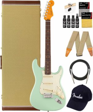 Fender American Ultra Luxe Vintage '60s Stratocaster, Rosewood Fingerboard - Surf Green Bundle with Case, Hat, Strap, Cable, and Guitar Cleaning Kit