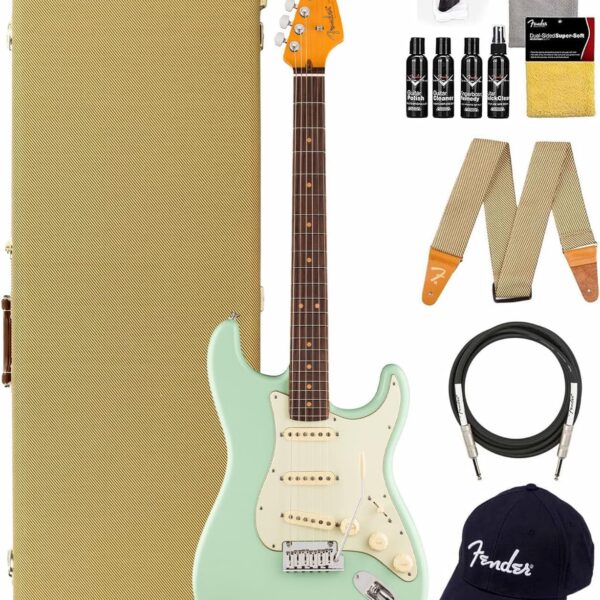 Fender American Ultra Luxe Vintage '60s Stratocaster, Rosewood Fingerboard - Surf Green Bundle with Case, Hat, Strap, Cable, and Guitar Cleaning Kit